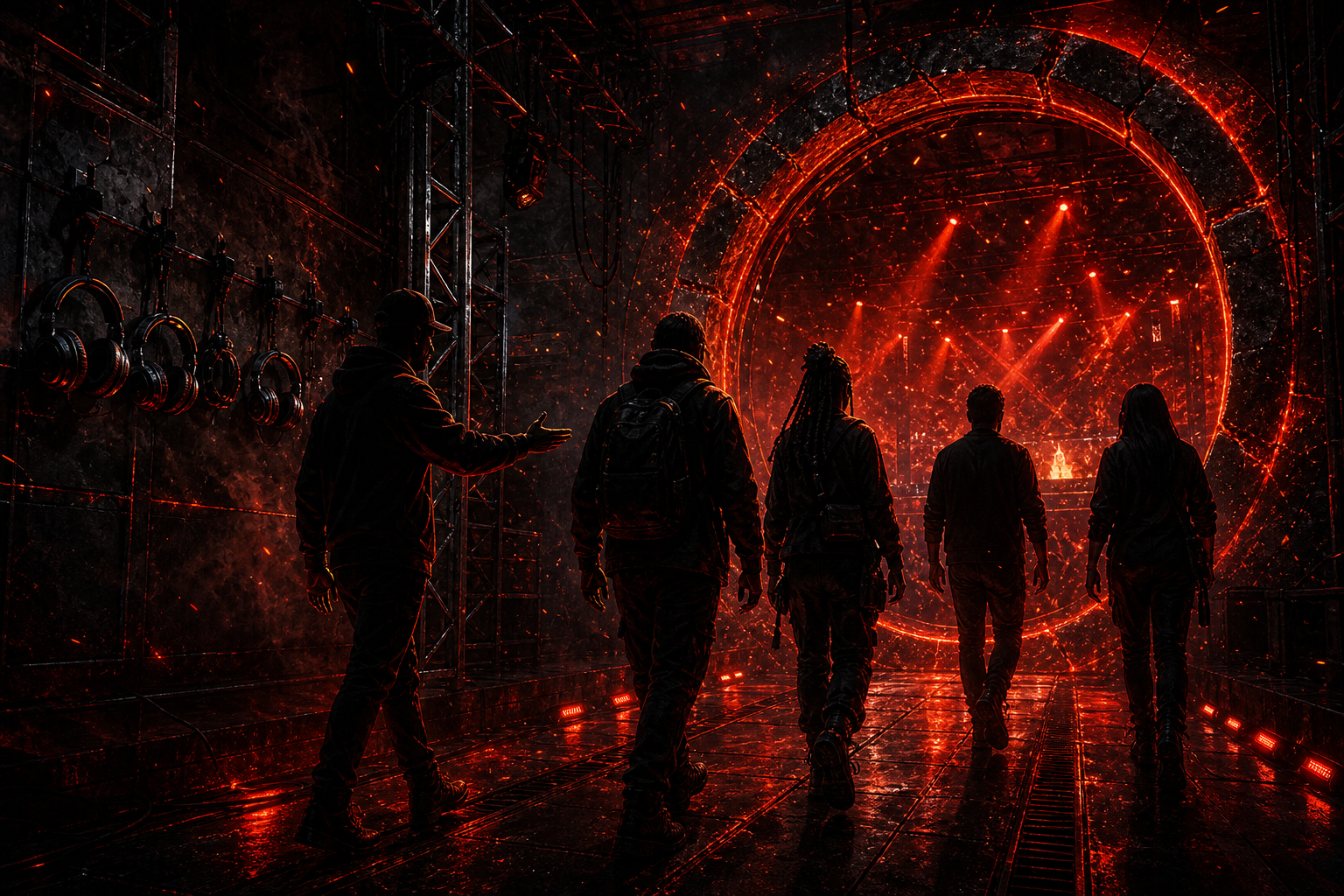 Anonymous guide leading creators toward a red-lit live stage in a black metal studio corridor
