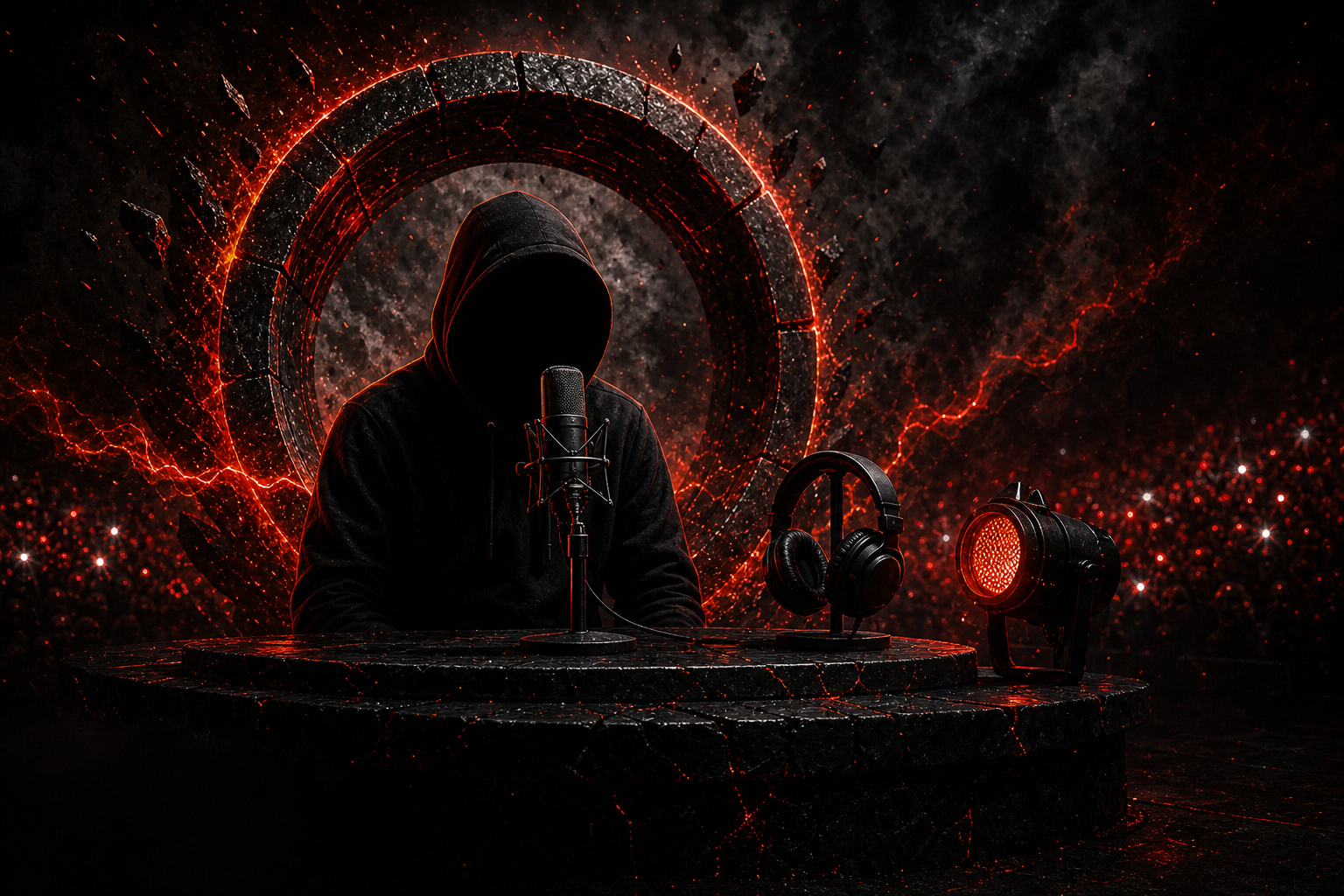 Anonymous live creator at a studio microphone in a red and black molten stage environment